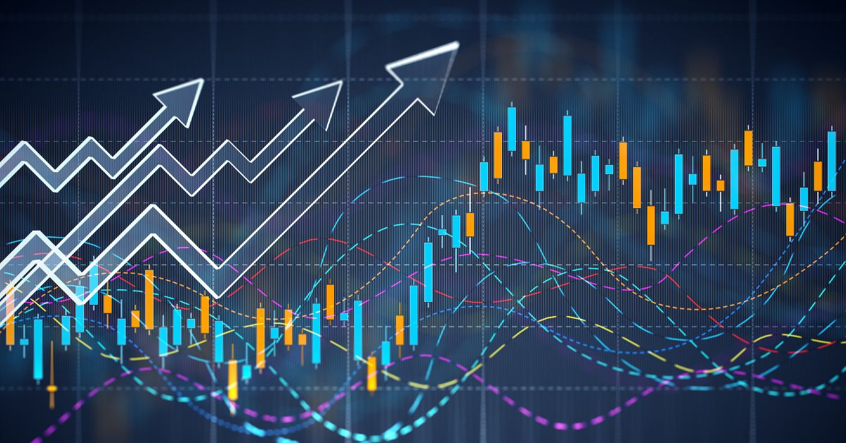 Financial analytics dashboard with glowing charts and upward trending market data